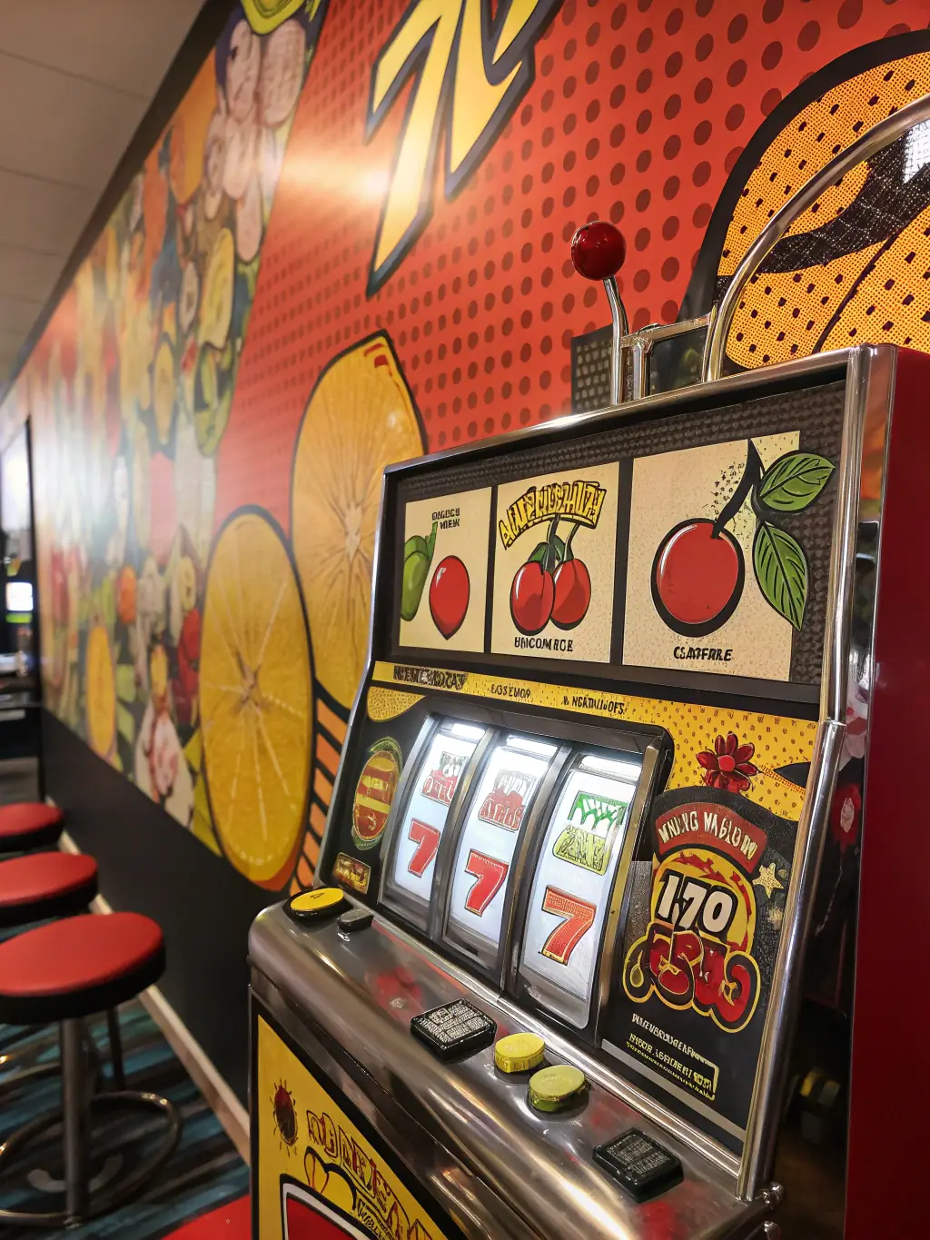 A vibrant image showcasing a classic fruit-themed PG slot game with cherries, lemons, and lucky sevens spinning on the reels.