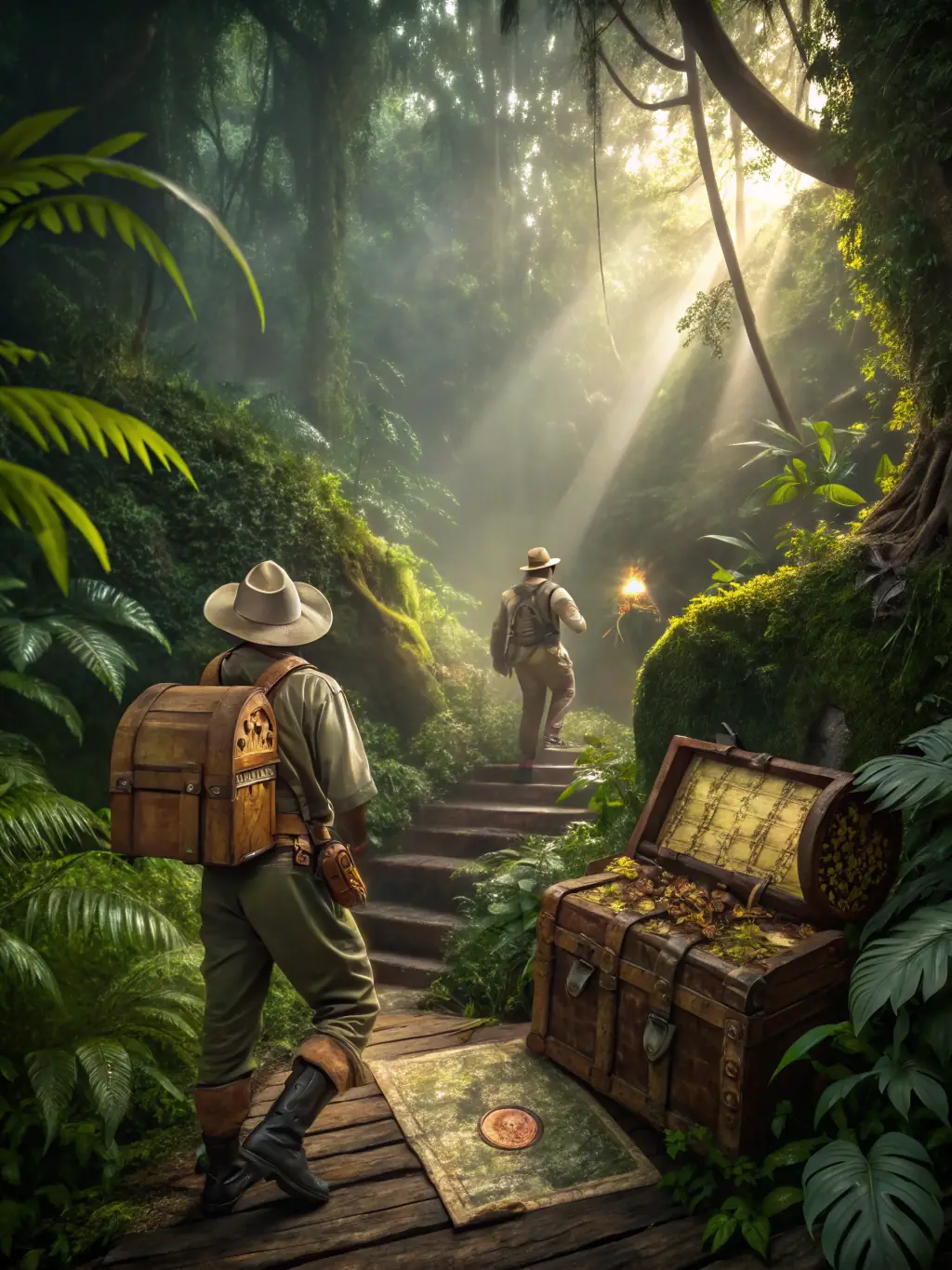 An image depicting an adventure-themed PG slot game with symbols like treasure chests, maps, and explorers in a jungle setting.